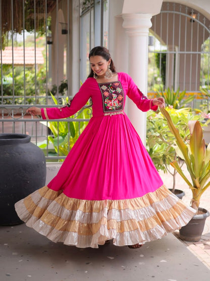 Pink Reyon With Kutchi Gamthi Thread Work Navratri Lehenga Choli