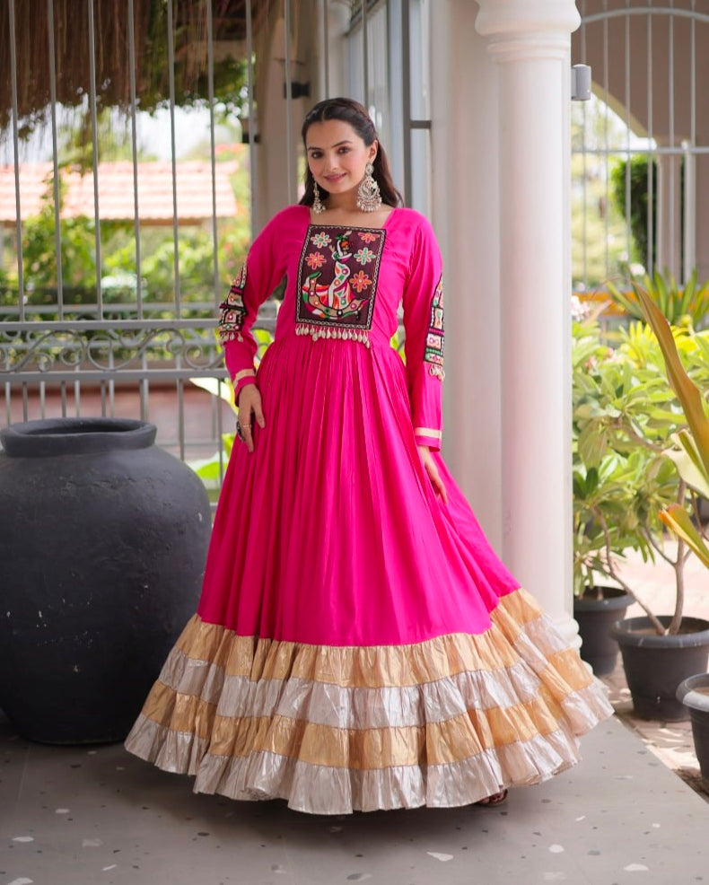 Pink Reyon With Kutchi Gamthi Thread Work Navratri Lehenga Choli