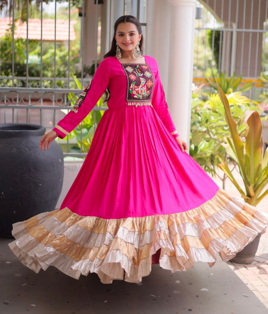 Pink Reyon With Kutchi Gamthi Thread Work Navratri Lehenga Choli