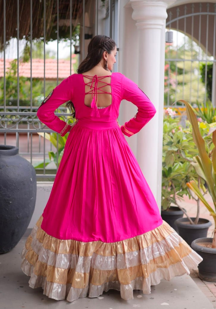 Pink Reyon With Kutchi Gamthi Thread Work Navratri Lehenga Choli