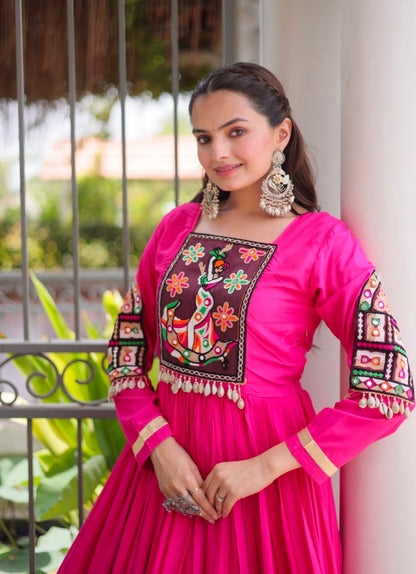Pink Reyon With Kutchi Gamthi Thread Work Navratri Lehenga Choli