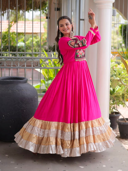 Pink Reyon With Kutchi Gamthi Thread Work Navratri Lehenga Choli