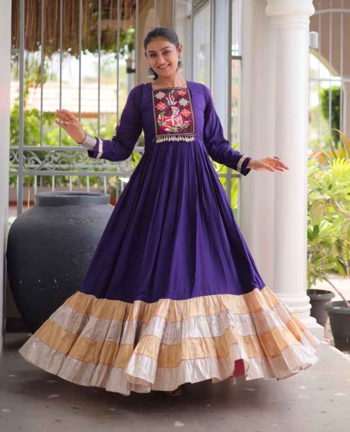 Purple Reyon With Kutchi Gamthi Thread Work Navratri Lehenga Choli