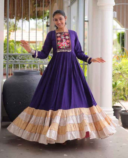 Purple Reyon With Kutchi Gamthi Thread Work Navratri Lehenga Choli