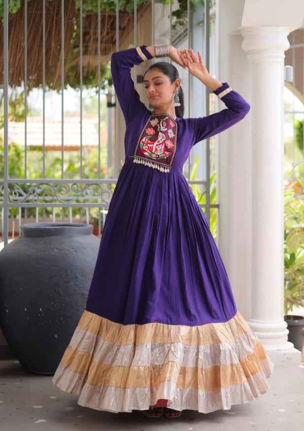 Purple Reyon With Kutchi Gamthi Thread Work Navratri Lehenga Choli