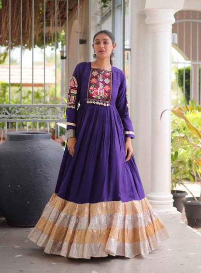 Purple Reyon With Kutchi Gamthi Thread Work Navratri Lehenga Choli