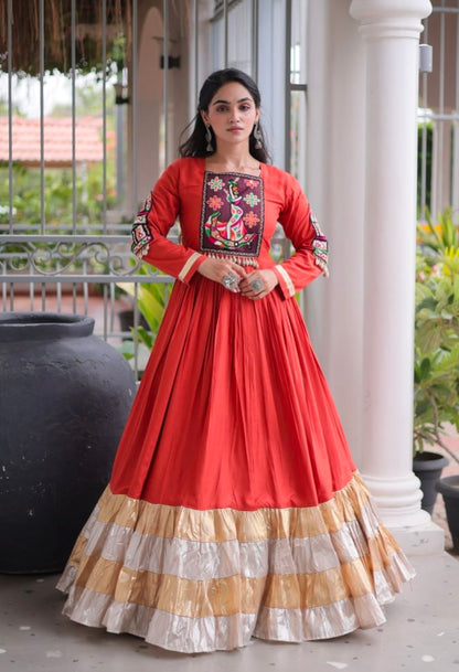 Rust Reyon With Kutchi Gamthi Thread Work Navratri Lehenga Choli
