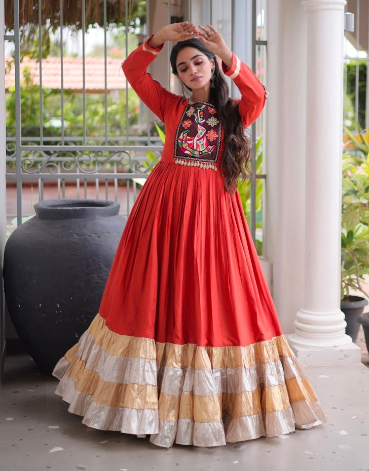Rust Reyon With Kutchi Gamthi Thread Work Navratri Lehenga Choli