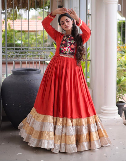 Rust Reyon With Kutchi Gamthi Thread Work Navratri Lehenga Choli