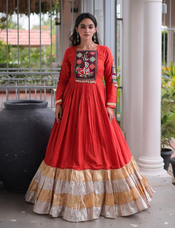 Rust Reyon With Kutchi Gamthi Thread Work Navratri Lehenga Choli