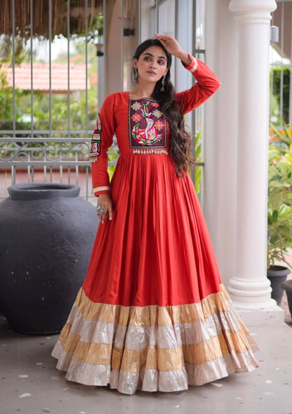 Rust Reyon With Kutchi Gamthi Thread Work Navratri Lehenga Choli