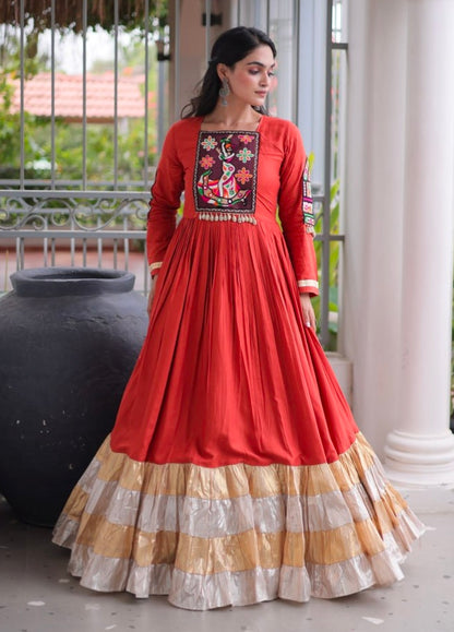Rust Reyon With Kutchi Gamthi Thread Work Navratri Lehenga Choli
