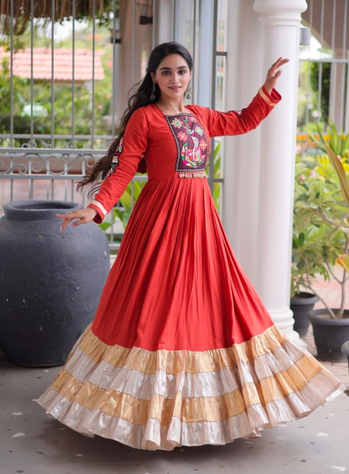 Rust Reyon With Kutchi Gamthi Thread Work Navratri Lehenga Choli