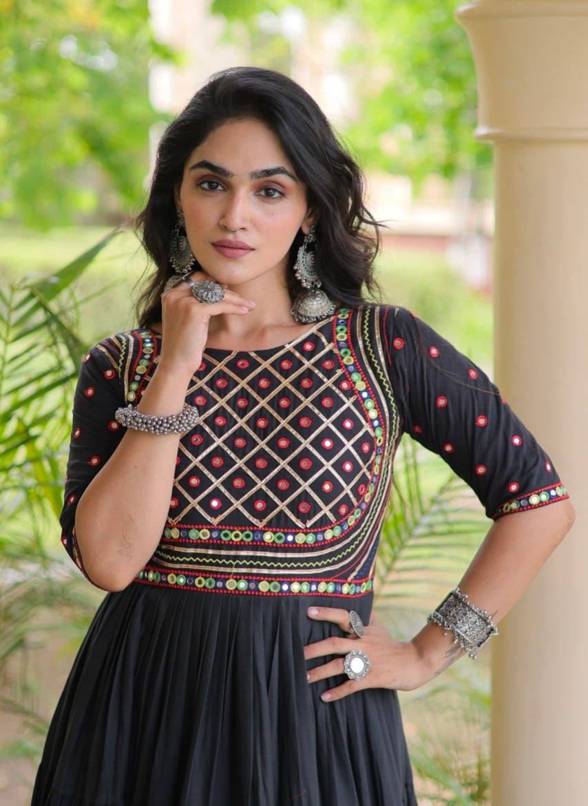 Black Pure Kora Cotton Multi Thread Gotta Patti Mirror Work Navratri Lehenga Choli