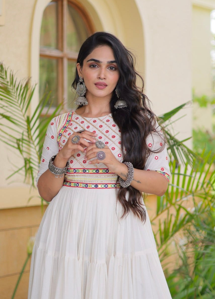 White Pure Kora Cotton Multi Thread Gotta Patti Mirror Work Navratri Lehenga Choli