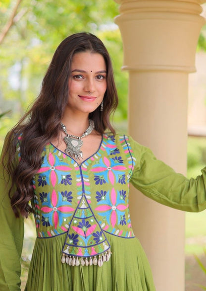 Green Pure Kora Cotton Multi Thread Gotta Patti Mirror Work Navratri Lehenga Choli