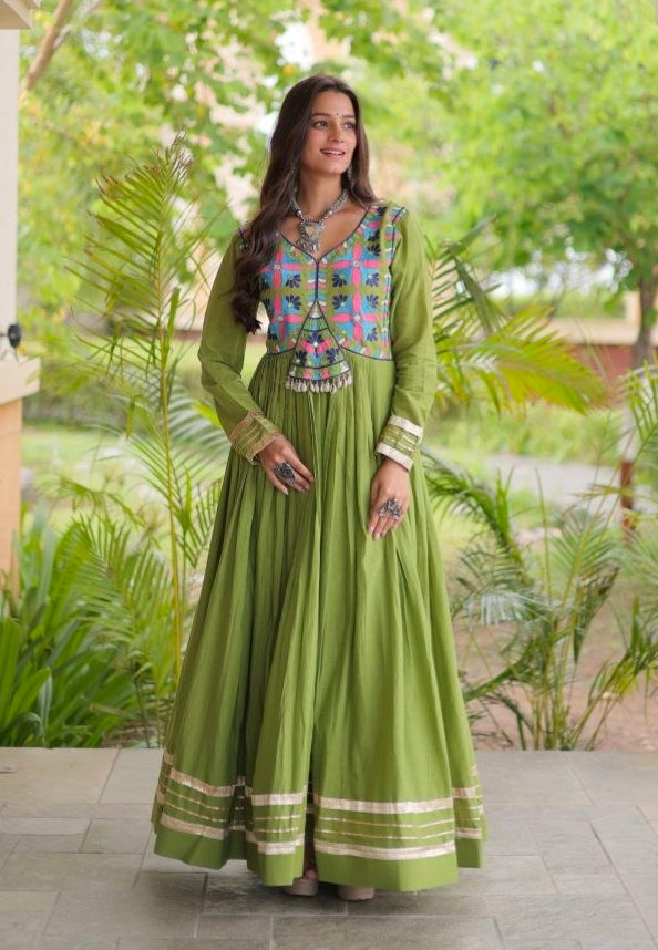 Green Pure Kora Cotton Multi Thread Gotta Patti Mirror Work Navratri Lehenga Choli