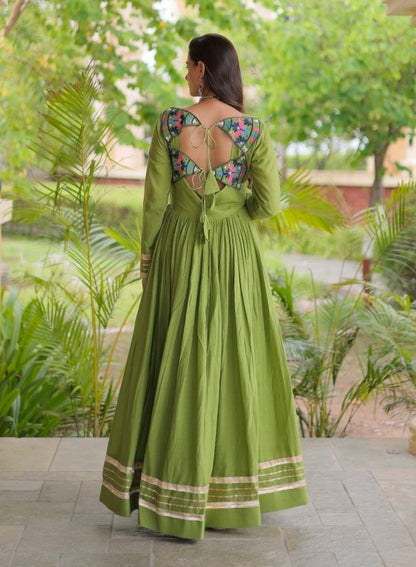 Green Pure Kora Cotton Multi Thread Gotta Patti Mirror Work Navratri Lehenga Choli