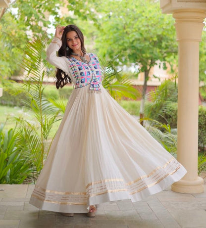 White Pure Kora Cotton Multi Thread Gotta Patti Mirror Work Navratri Lehenga Choli