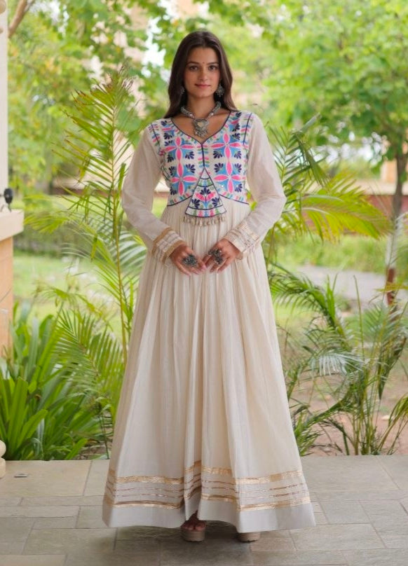 White Pure Kora Cotton Multi Thread Gotta Patti Mirror Work Navratri Lehenga Choli