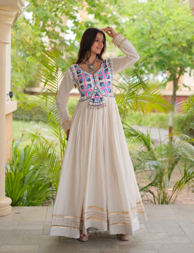 White Pure Kora Cotton Multi Thread Gotta Patti Mirror Work Navratri Lehenga Choli