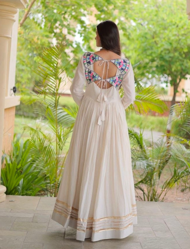 White Pure Kora Cotton Multi Thread Gotta Patti Mirror Work Navratri Lehenga Choli