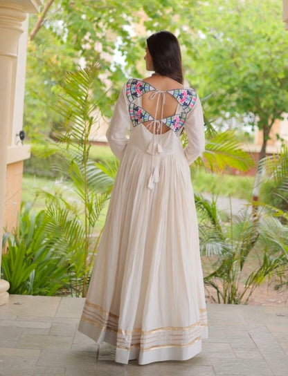 White Pure Kora Cotton Multi Thread Gotta Patti Mirror Work Navratri Lehenga Choli