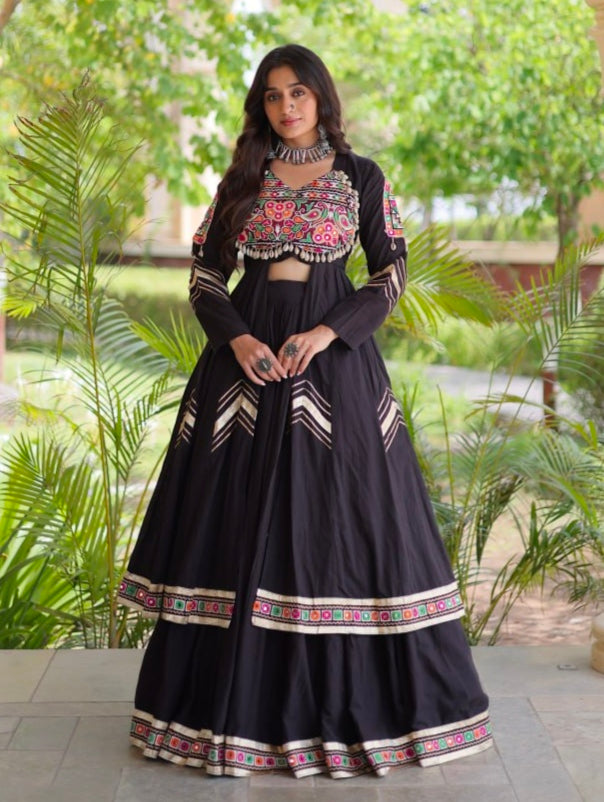 Black Pure Kora Cotton Multi Thread Gotta Patti Mirror Work Navratri Lehenga Choli