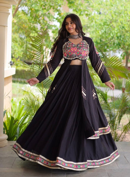Black Pure Kora Cotton Multi Thread Gotta Patti Mirror Work Navratri Lehenga Choli