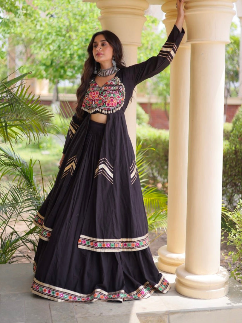 Black Pure Kora Cotton Multi Thread Gotta Patti Mirror Work Navratri Lehenga Choli