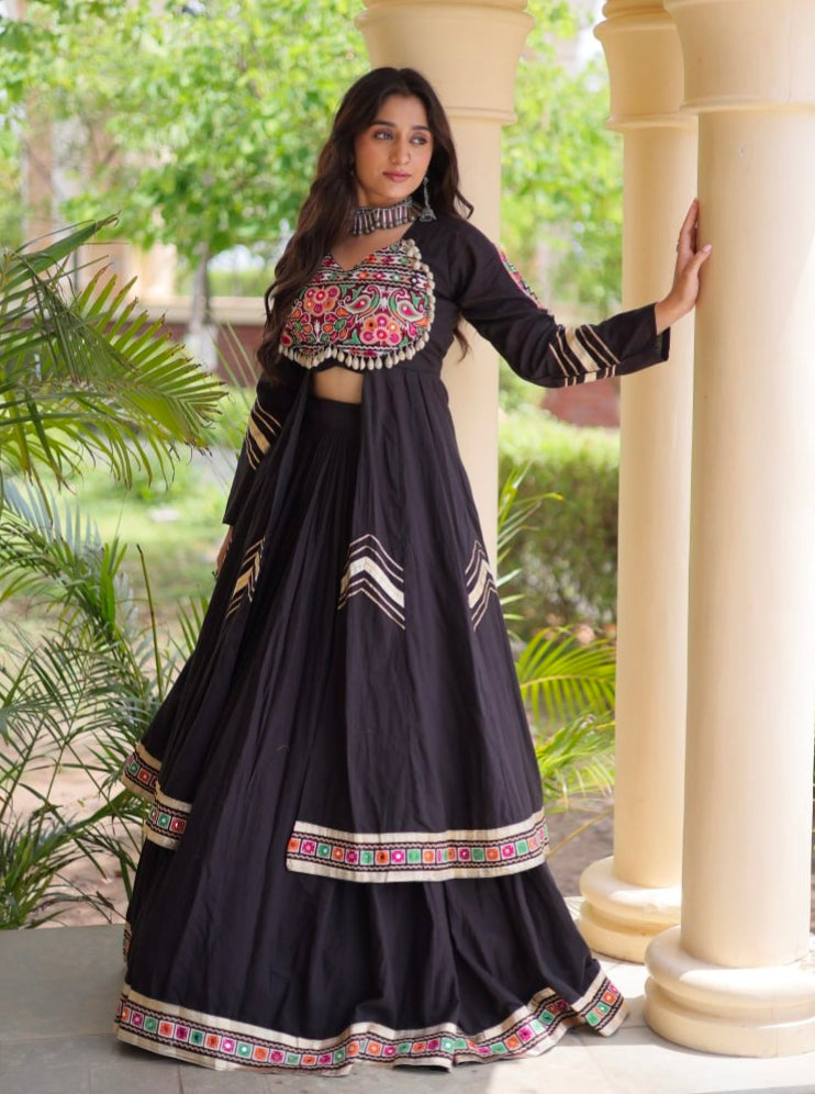 Black Pure Kora Cotton Multi Thread Gotta Patti Mirror Work Navratri Lehenga Choli