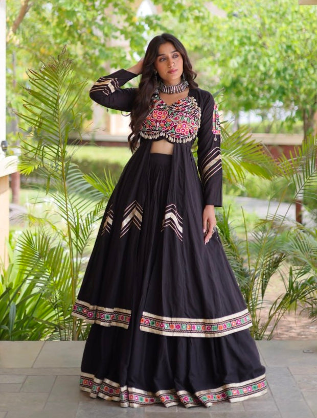 Black Pure Kora Cotton Multi Thread Gotta Patti Mirror Work Navratri Lehenga Choli