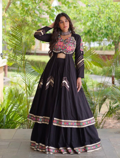 Black Pure Kora Cotton Multi Thread Gotta Patti Mirror Work Navratri Lehenga Choli