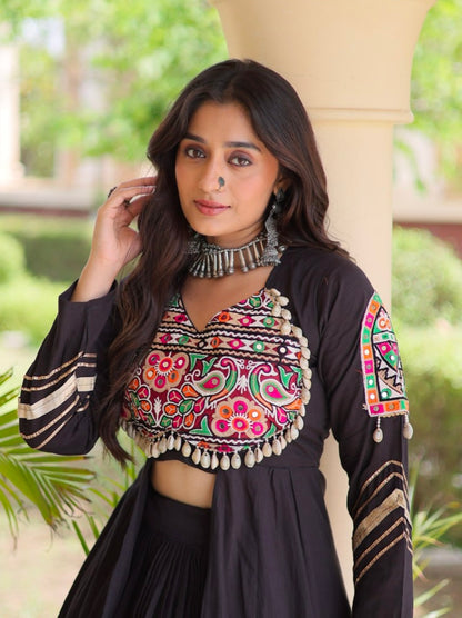 Black Pure Kora Cotton Multi Thread Gotta Patti Mirror Work Navratri Lehenga Choli