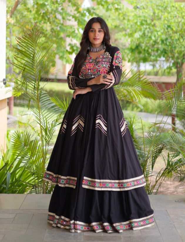 Black Pure Kora Cotton Multi Thread Gotta Patti Mirror Work Navratri Lehenga Choli