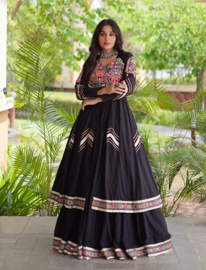 Black Pure Kora Cotton Multi Thread Gotta Patti Mirror Work Navratri Lehenga Choli