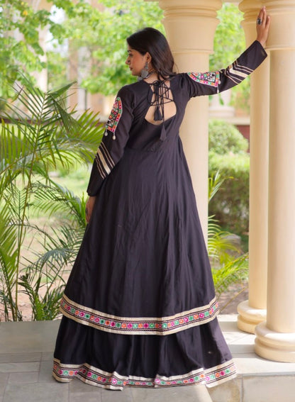 Black Pure Kora Cotton Multi Thread Gotta Patti Mirror Work Navratri Lehenga Choli