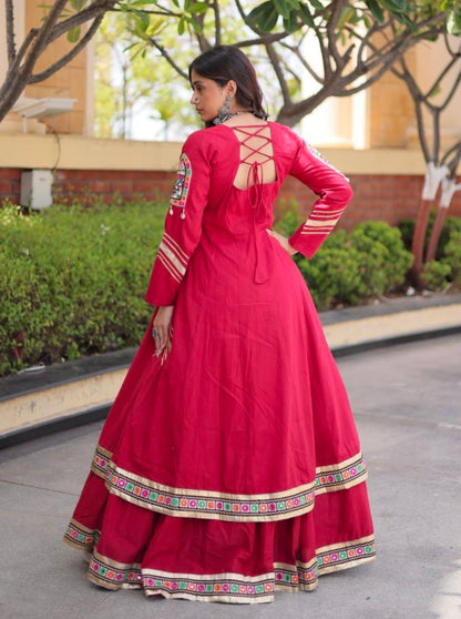 Red Pure Kora Cotton Multi Thread Gotta Patti Mirror Work Navratri Lehenga Choli