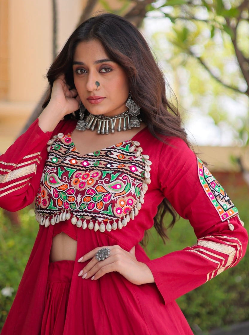 Red Pure Kora Cotton Multi Thread Gotta Patti Mirror Work Navratri Lehenga Choli