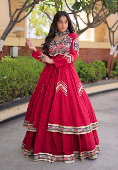 Red Pure Kora Cotton Multi Thread Gotta Patti Mirror Work Navratri Lehenga Choli