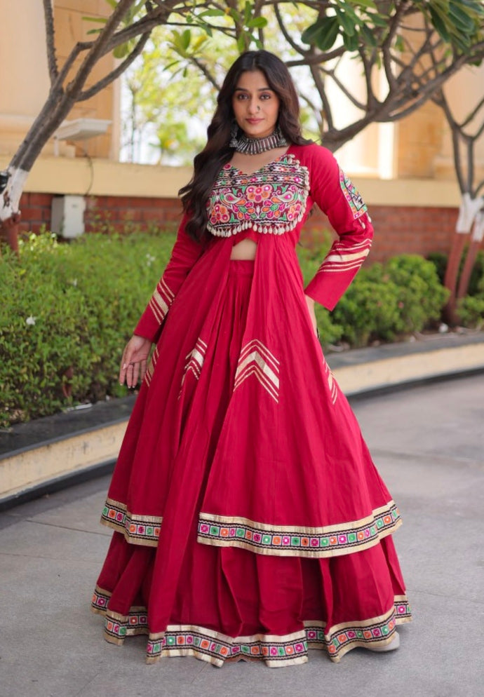 Red Pure Kora Cotton Multi Thread Gotta Patti Mirror Work Navratri Lehenga Choli