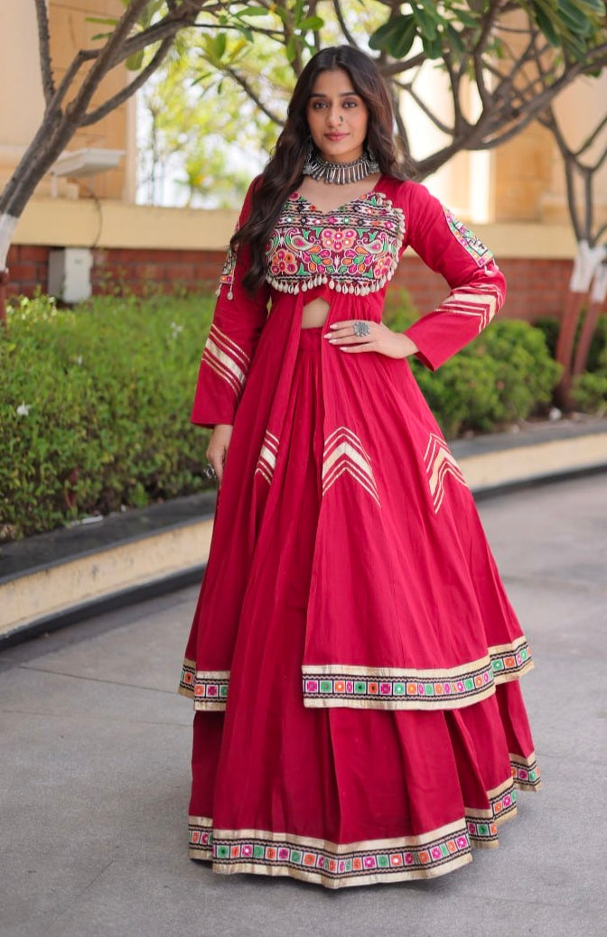 Red Pure Kora Cotton Multi Thread Gotta Patti Mirror Work Navratri Lehenga Choli