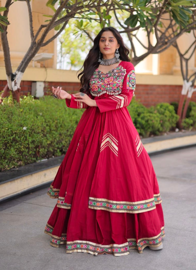 Red Pure Kora Cotton Multi Thread Gotta Patti Mirror Work Navratri Lehenga Choli