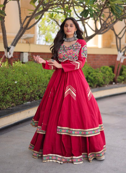 Red Pure Kora Cotton Multi Thread Gotta Patti Mirror Work Navratri Lehenga Choli