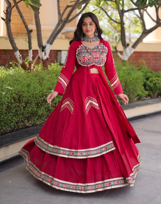 Red Pure Kora Cotton Multi Thread Gotta Patti Mirror Work Navratri Lehenga Choli