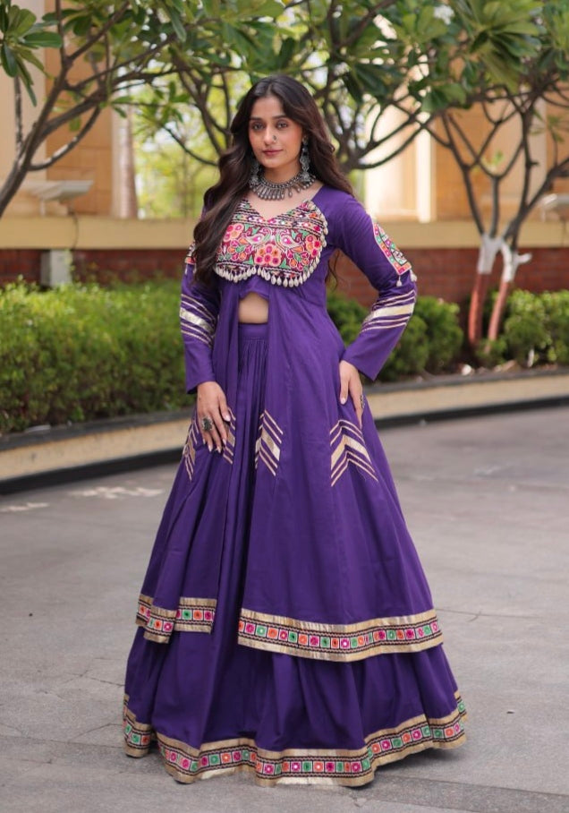 Purple Pure Kora Cotton Multi Thread Gotta Patti Mirror Work Navratri Lehenga Choli