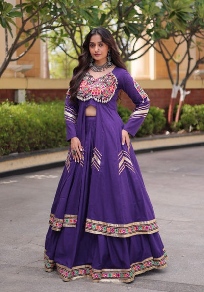 Purple Pure Kora Cotton Multi Thread Gotta Patti Mirror Work Navratri Lehenga Choli