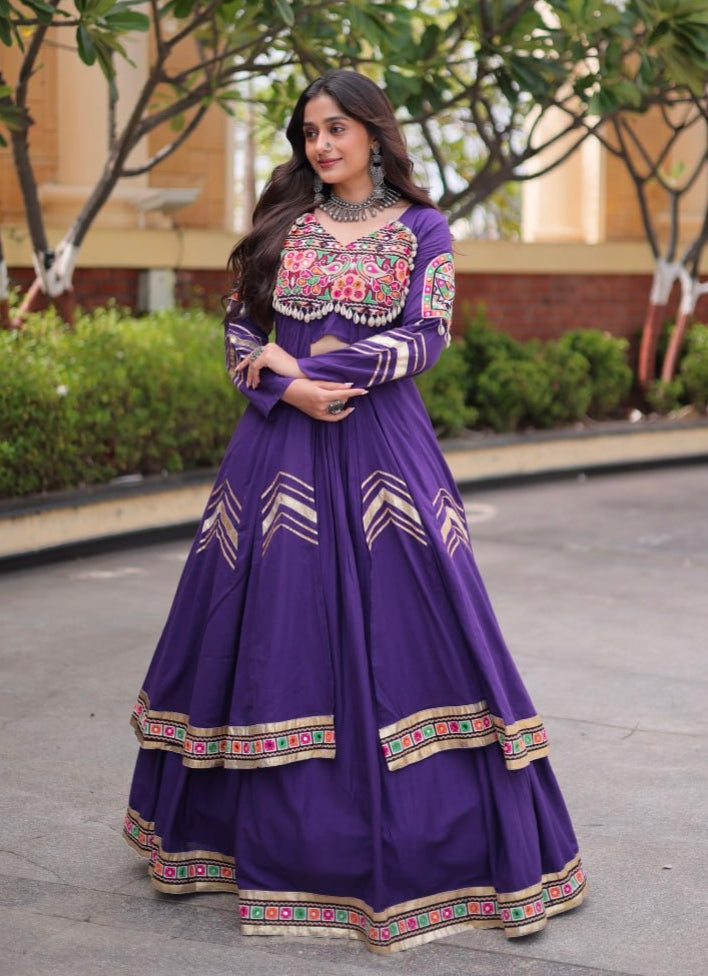 Purple Pure Kora Cotton Multi Thread Gotta Patti Mirror Work Navratri Lehenga Choli