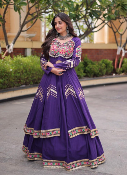 Purple Pure Kora Cotton Multi Thread Gotta Patti Mirror Work Navratri Lehenga Choli