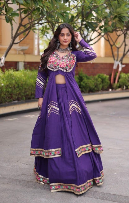 Purple Pure Kora Cotton Multi Thread Gotta Patti Mirror Work Navratri Lehenga Choli